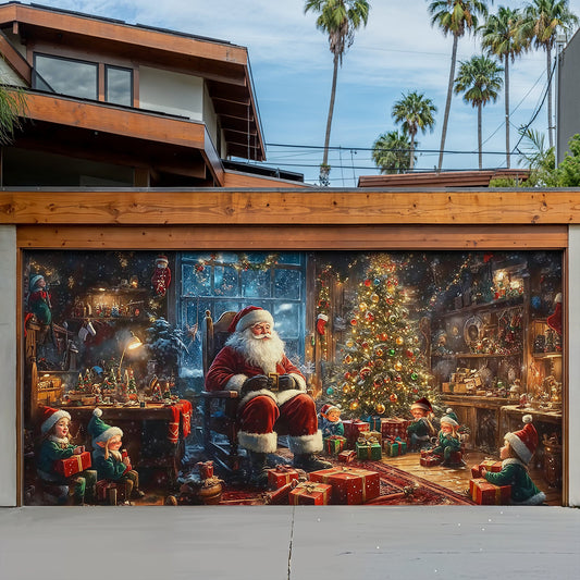 Christmas Garage Door Banner Decoration - Santa’s Cozy Workshop A Magical Christmas Eve with Elves and Gifts