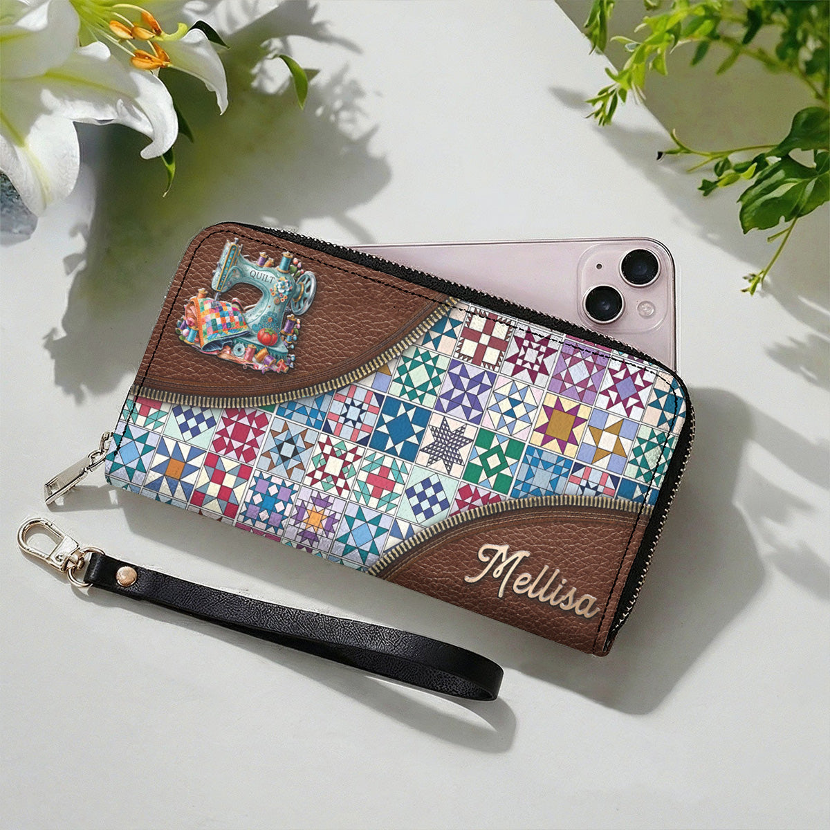 Sewing Lover Leather Wallet Personalized Traditional Quilt Blocks