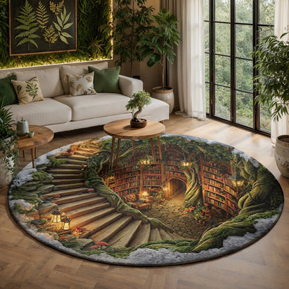 Reading Round Rug Cozy Enchanted Library Hollow 3D Illusion Flat Print