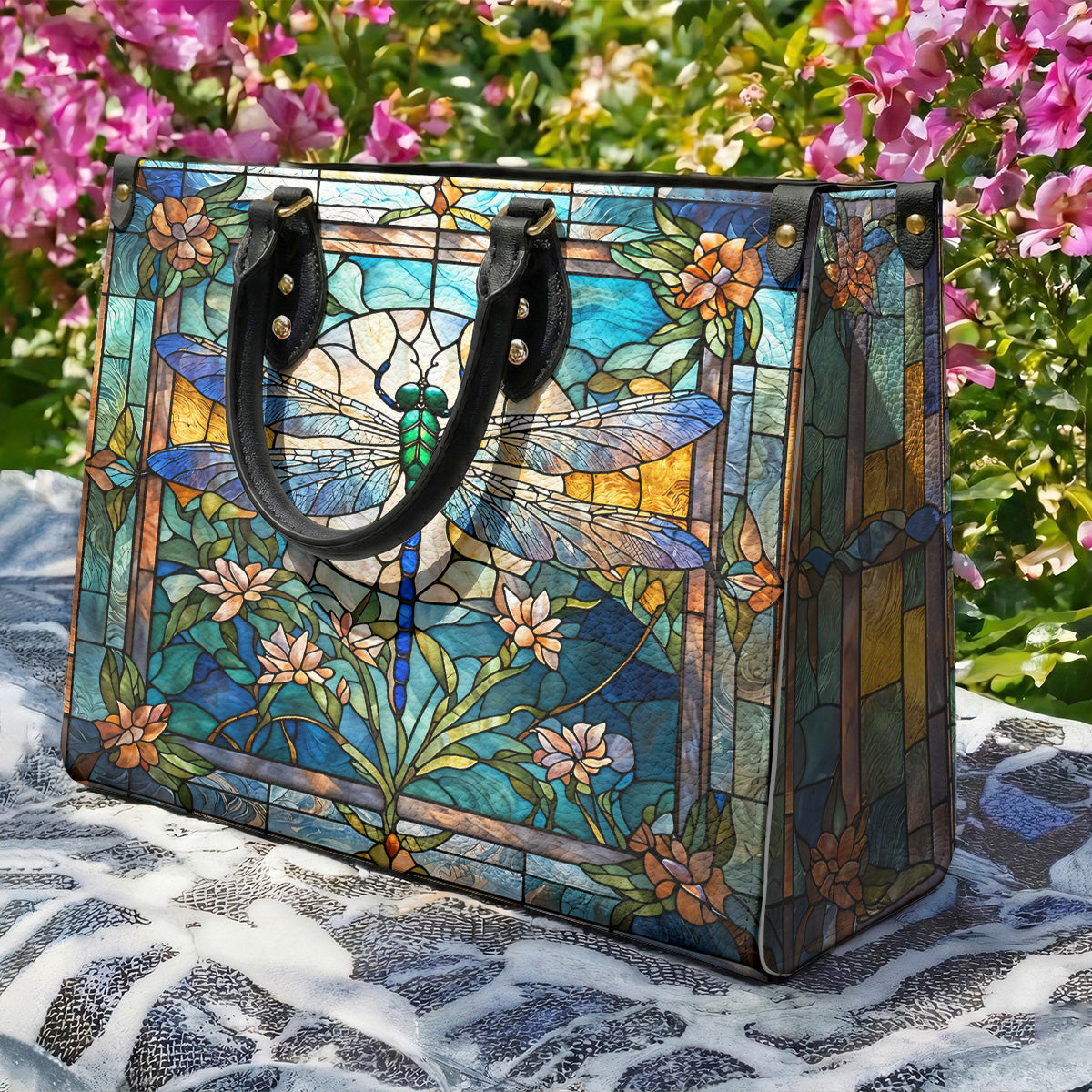 Drafonfly Leather Handbag Dragonfly Grace In Stained Glass