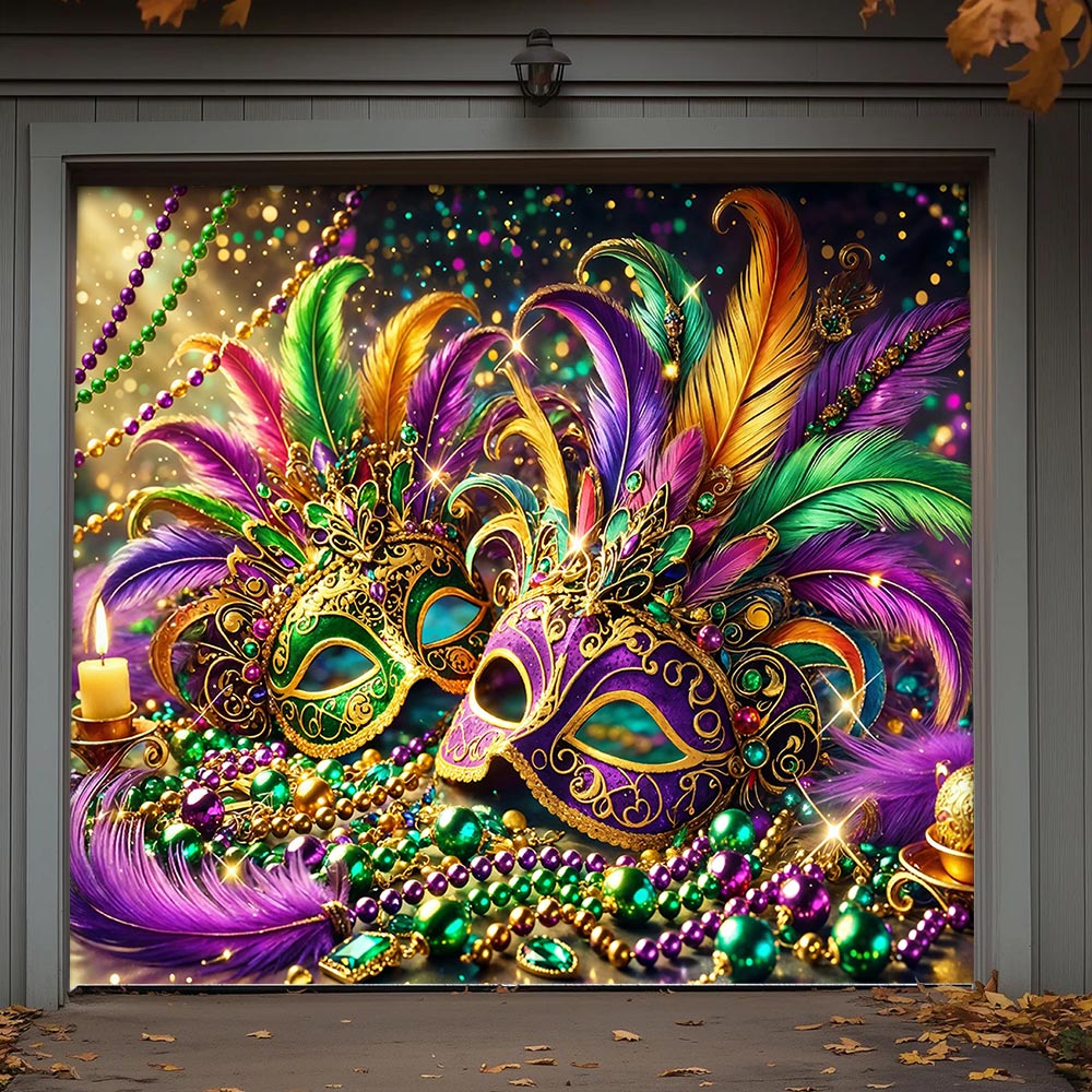 Mardi Gras Garage Door Banner Decoration - Opulent Feather Masque