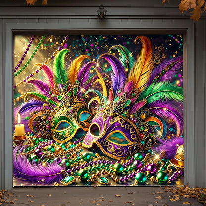 Mardi Gras Garage Door Banner Decoration - Opulent Feather Masque