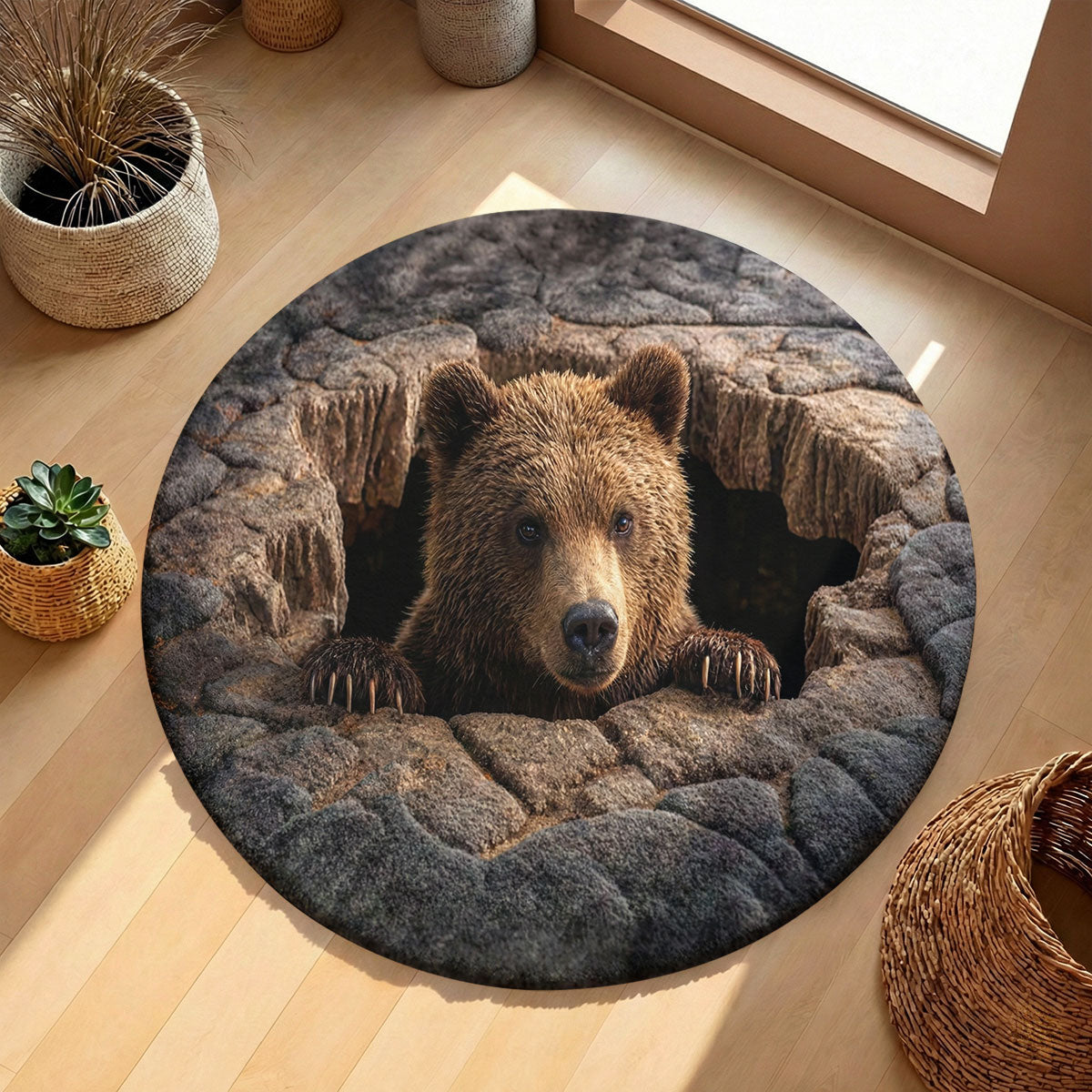Bear Round Rug 3D Illusion Flat Print Rustic Lodge Bear Den Decor