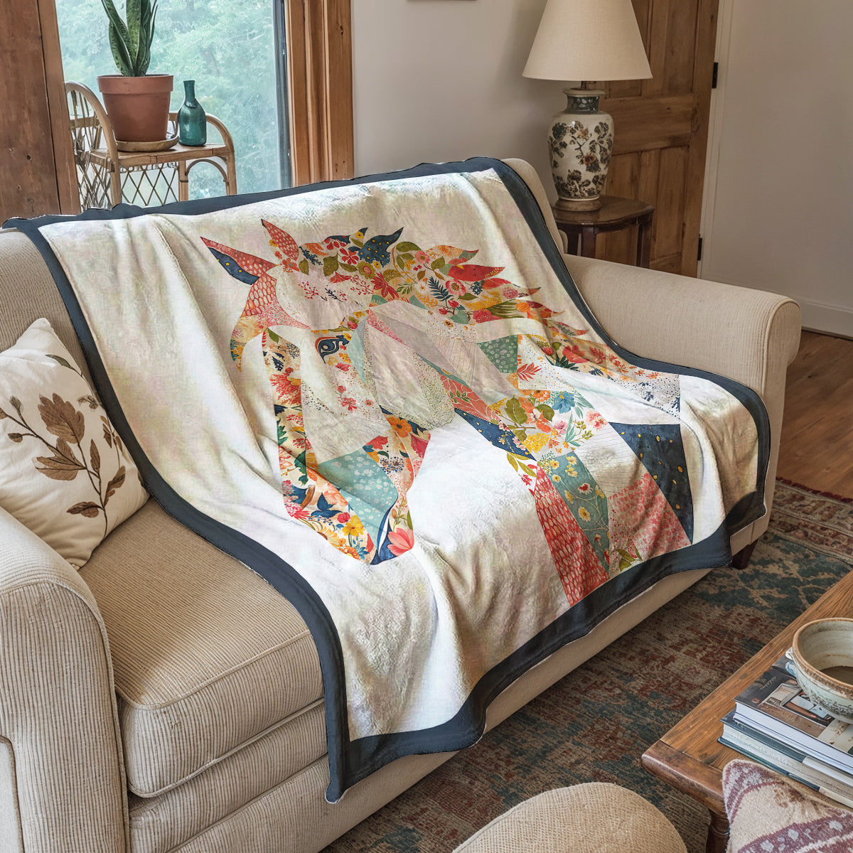 Horse Fleece Blanket Charming Floral Horse