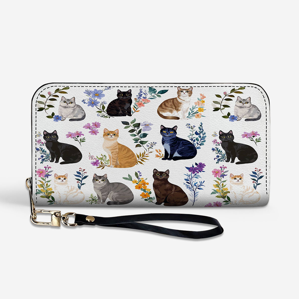 Cat Lover Leather Wallet Charming Floral Cats