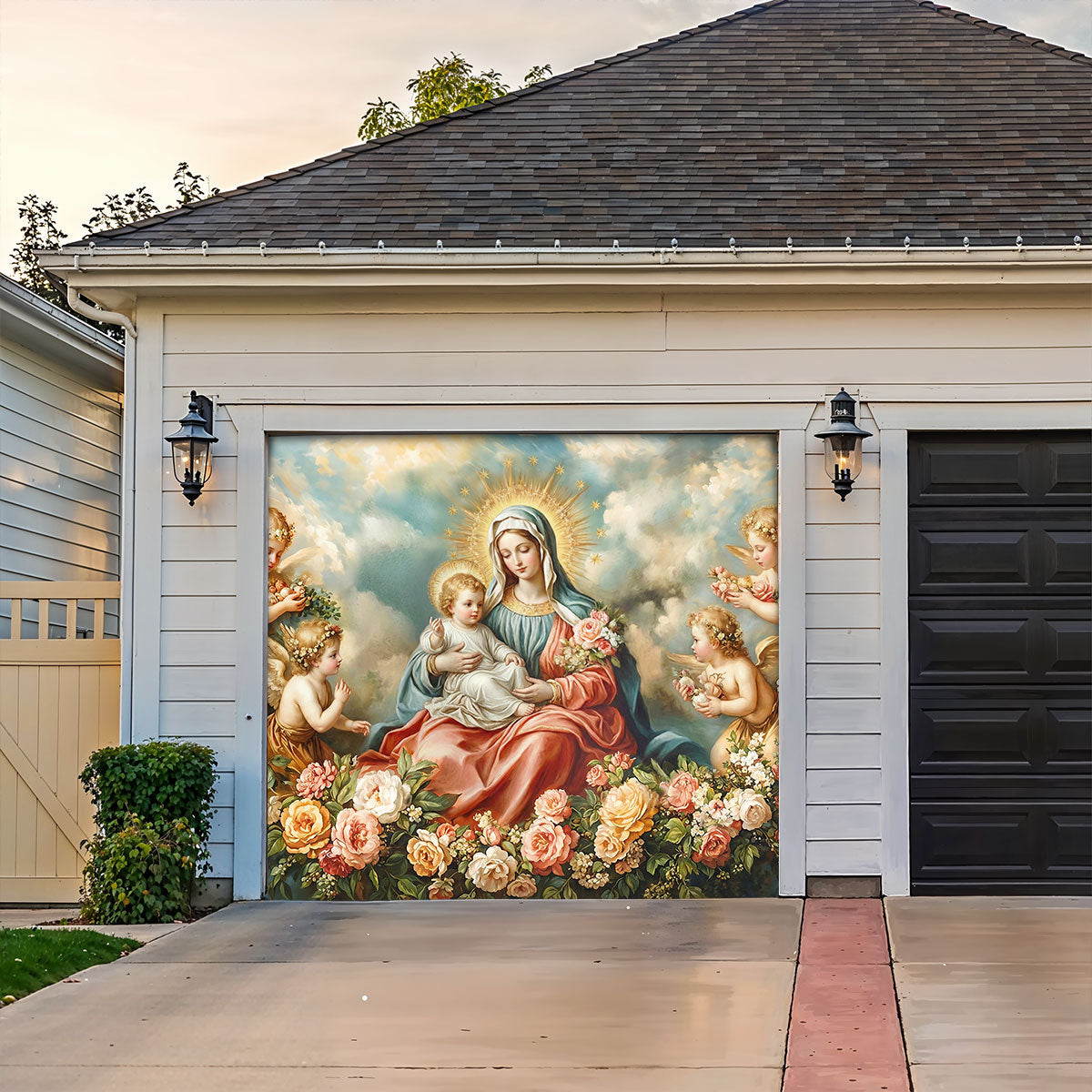 Virgin Mary Garage Door Banner Decoration - Divine Motherhood in a Garden of Angels