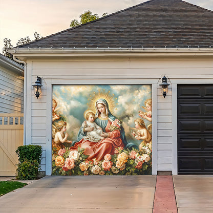 Virgin Mary Garage Door Banner Decoration - Divine Motherhood in a Garden of Angels