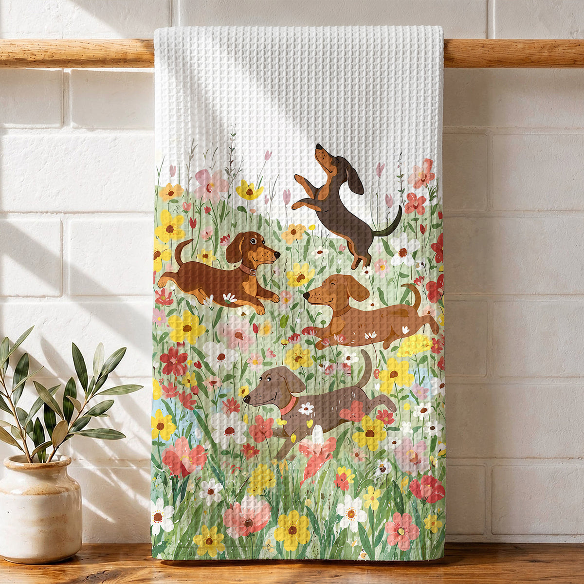 Dachshund Kitchen Towel Happy Dachshunds in Flower Garden