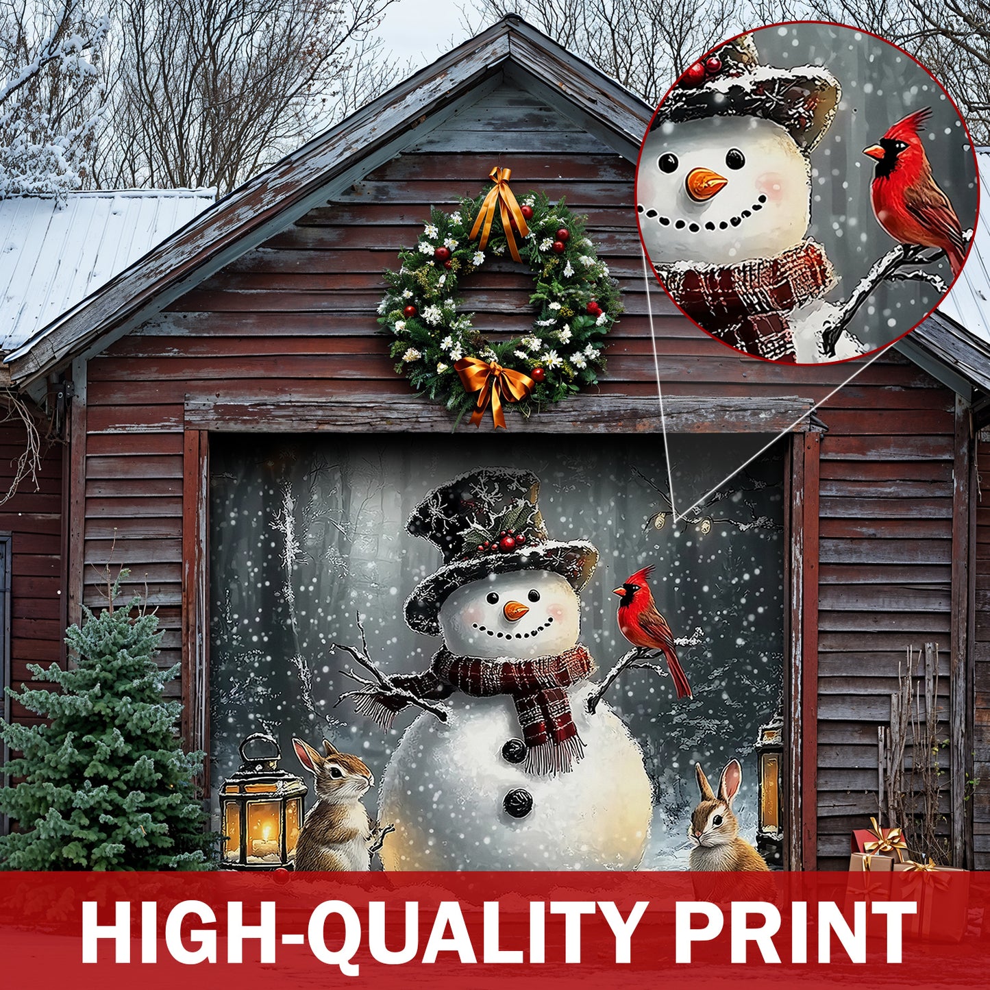 Christmas Garage Door Banner Decoration - Winter Forest Snowman Gathering with Bunnies and Cardinals