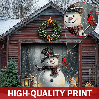 Christmas Garage Door Banner Decoration - Winter Forest Snowman Gathering with Bunnies and Cardinals