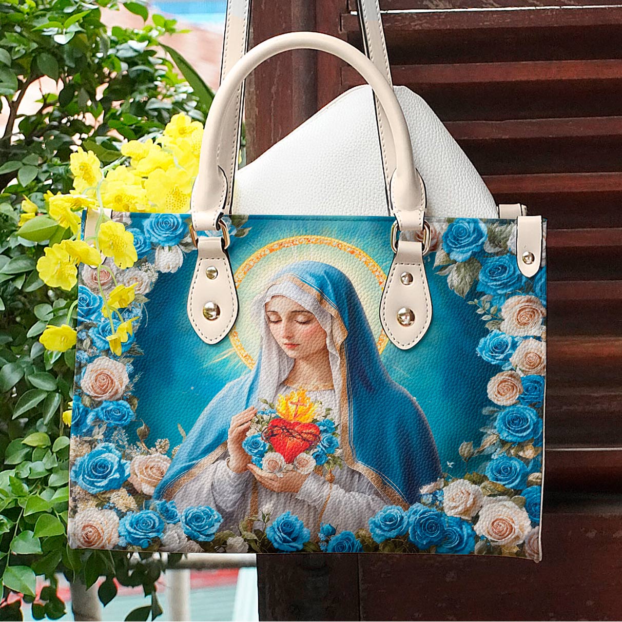 Christian Leather Handbag Rosa Mystica Virgin Mary