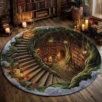 Reading Round Rug Cozy Enchanted Library Hollow 3D Illusion Flat Print