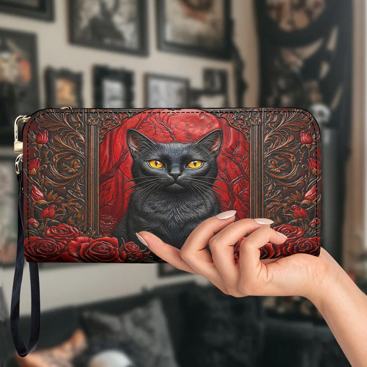 Black Cat Gothic Leather Wallet Blood Moon Cat