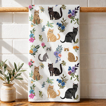 Cat Kitchen Towel Cute Floral Cats