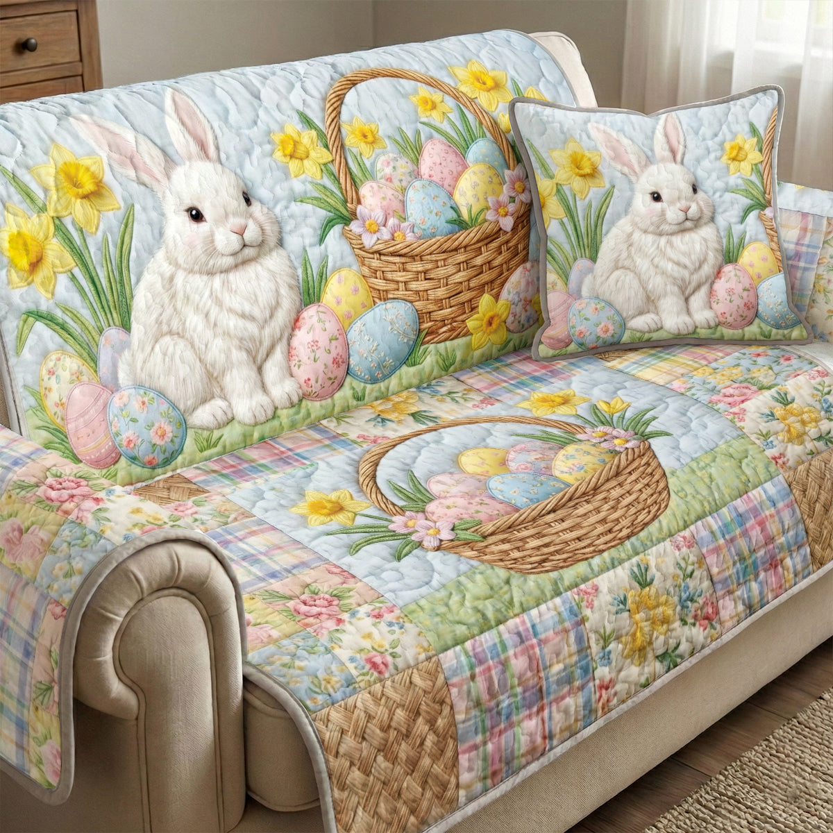 Easter Quilted Sofa Cover Spring Bunny Bliss