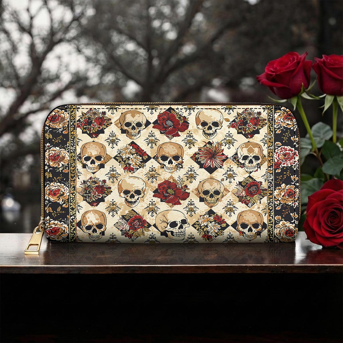 Gothic Skull Leather Wallet Petals & Skulls