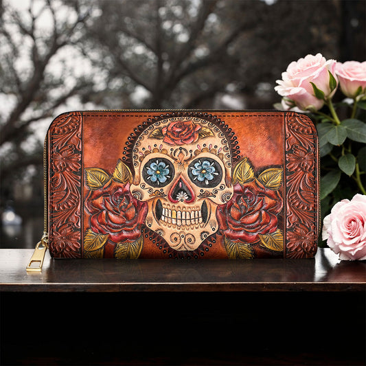 Sugar Skull Leather Wallet Rosebound Skull