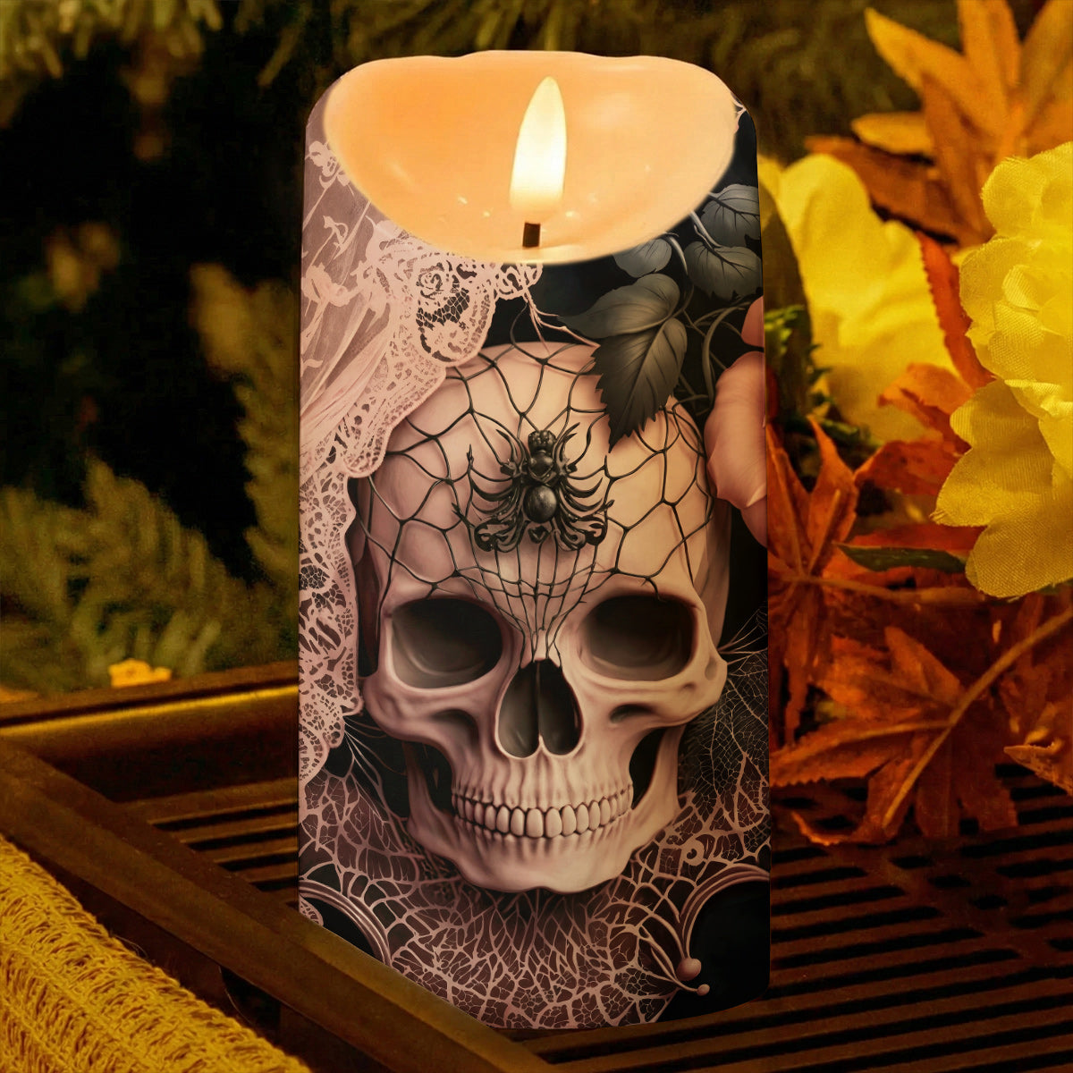 Gothic LED Candle Rose Beneath the Web
