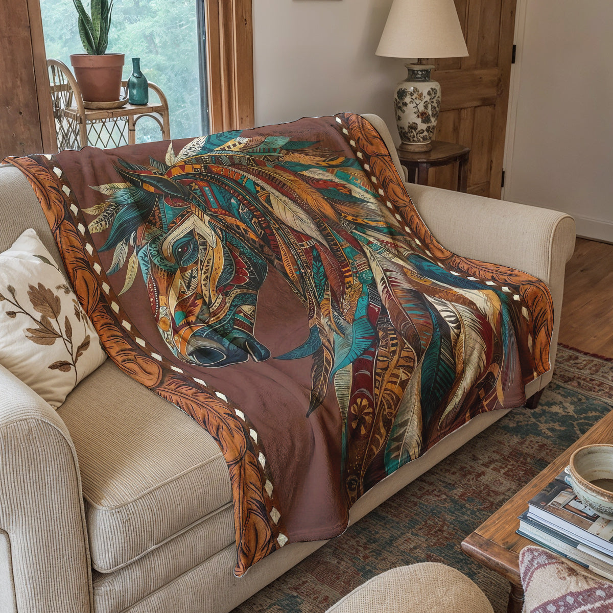 Boho Western Horse Fleece Blanket Tribal Horse Majesty