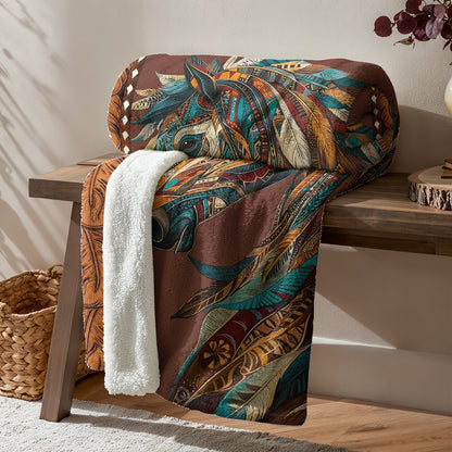 Boho Western Horse Fleece Blanket Tribal Horse Majesty