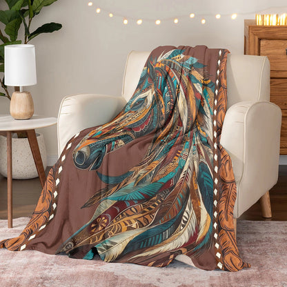Boho Western Horse Fleece Blanket Tribal Horse Majesty