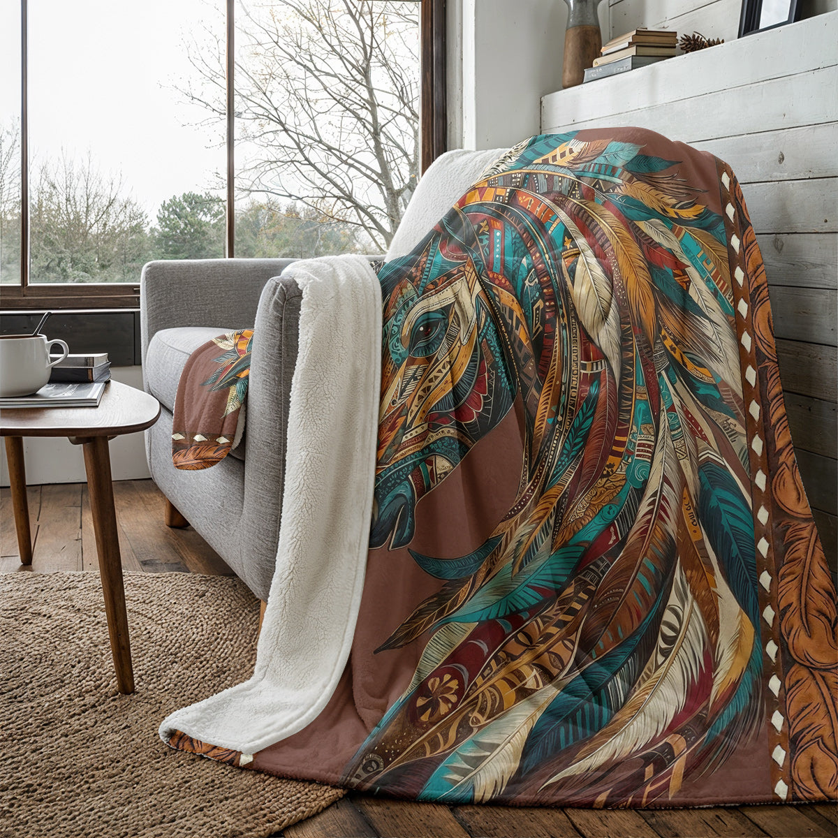 Boho Western Horse Fleece Blanket Tribal Horse Majesty