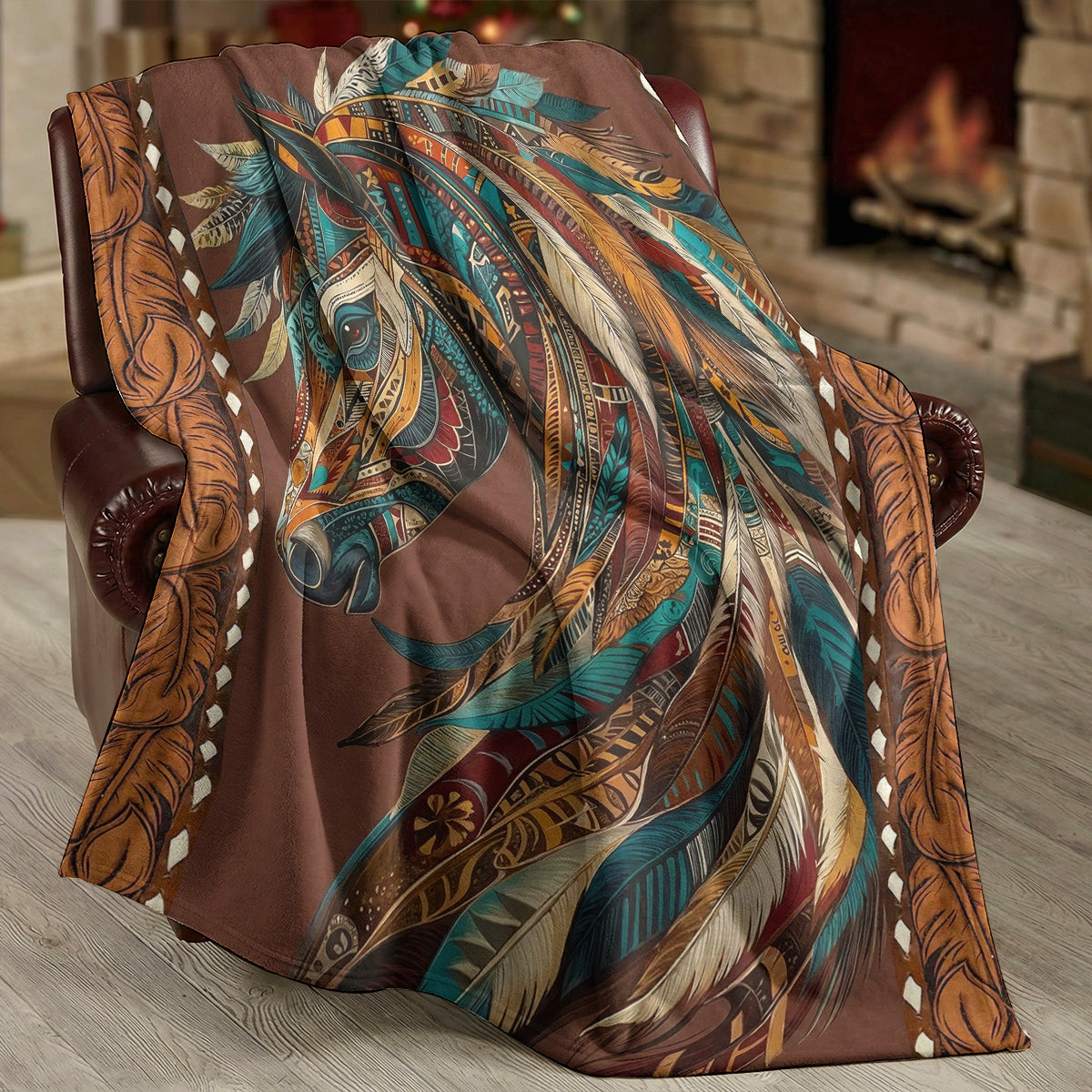 Boho Western Horse Fleece Blanket Tribal Horse Majesty
