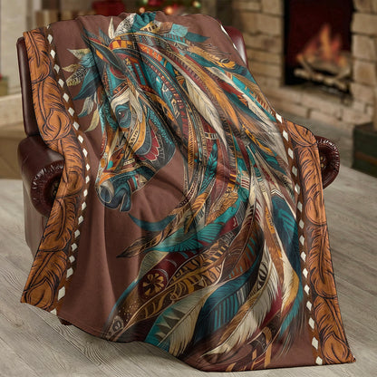 Boho Western Horse Fleece Blanket Tribal Horse Majesty