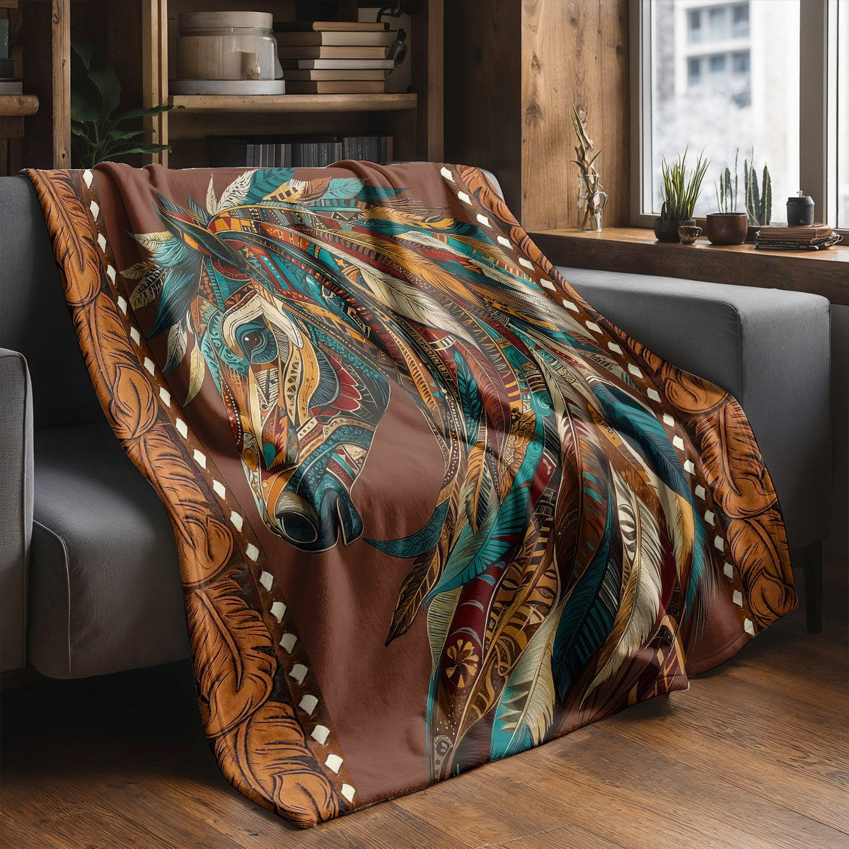 Boho Western Horse Fleece Blanket Tribal Horse Majesty