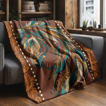 Boho Western Horse Fleece Blanket Tribal Horse Majesty