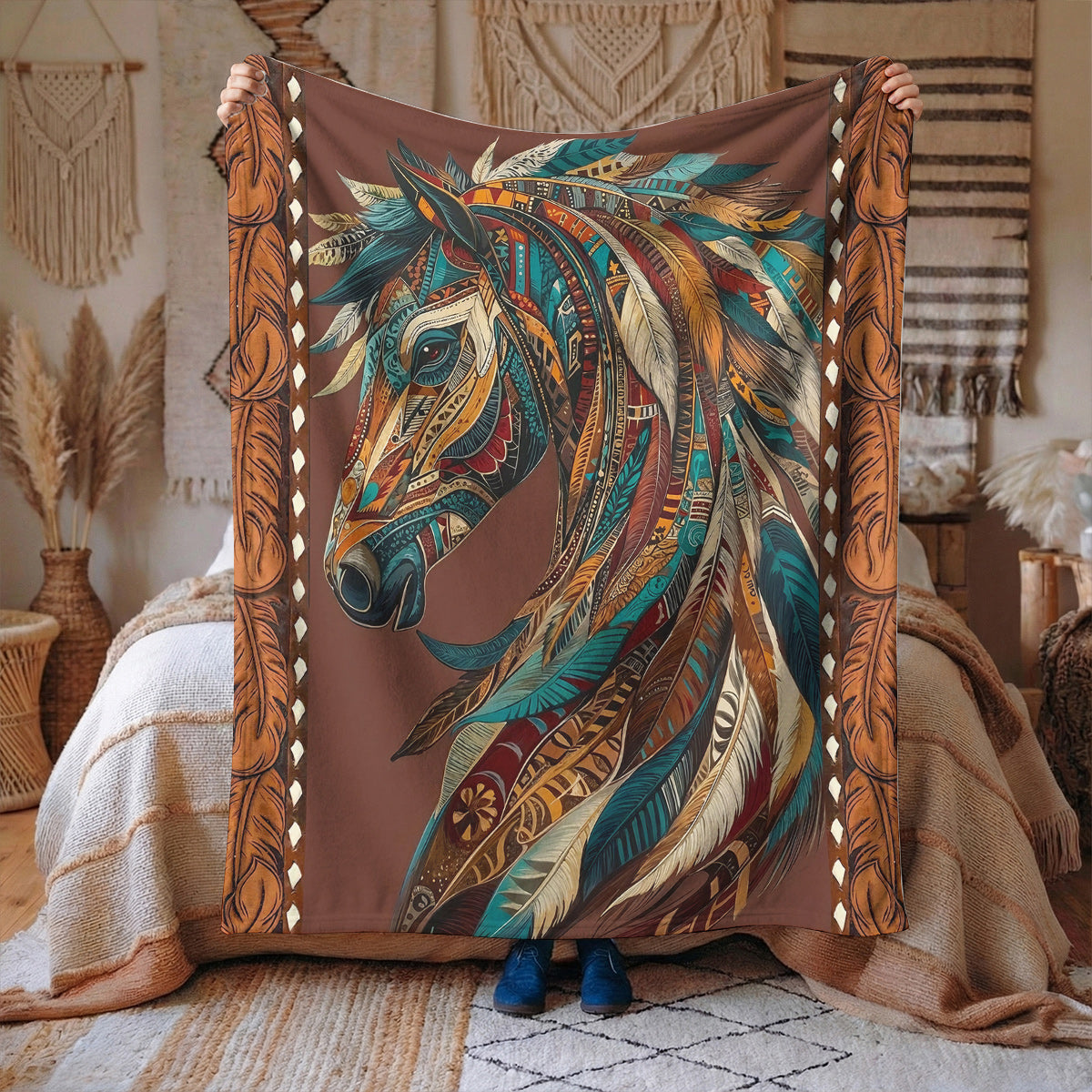 Boho Western Horse Fleece Blanket Tribal Horse Majesty