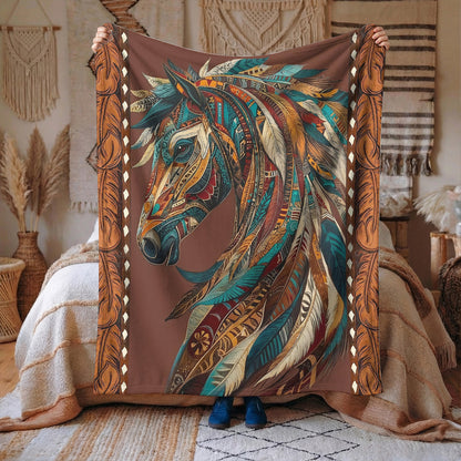 Boho Western Horse Fleece Blanket Tribal Horse Majesty