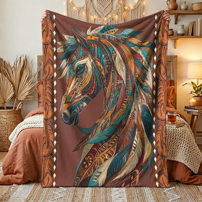 Boho Western Horse Fleece Blanket Tribal Horse Majesty