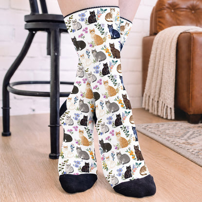 Cat Crew Socks Charming Floral Cats