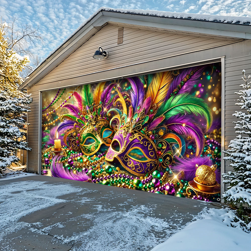 Mardi Gras Garage Door Banner Decoration - Opulent Feather Masque