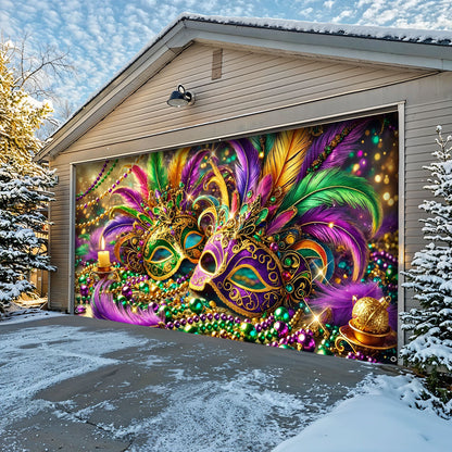 Mardi Gras Garage Door Banner Decoration - Opulent Feather Masque