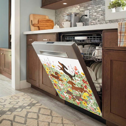 Dachshund Magnetic Dishwasher Cover Happy Dachshunds in Flower Garden
