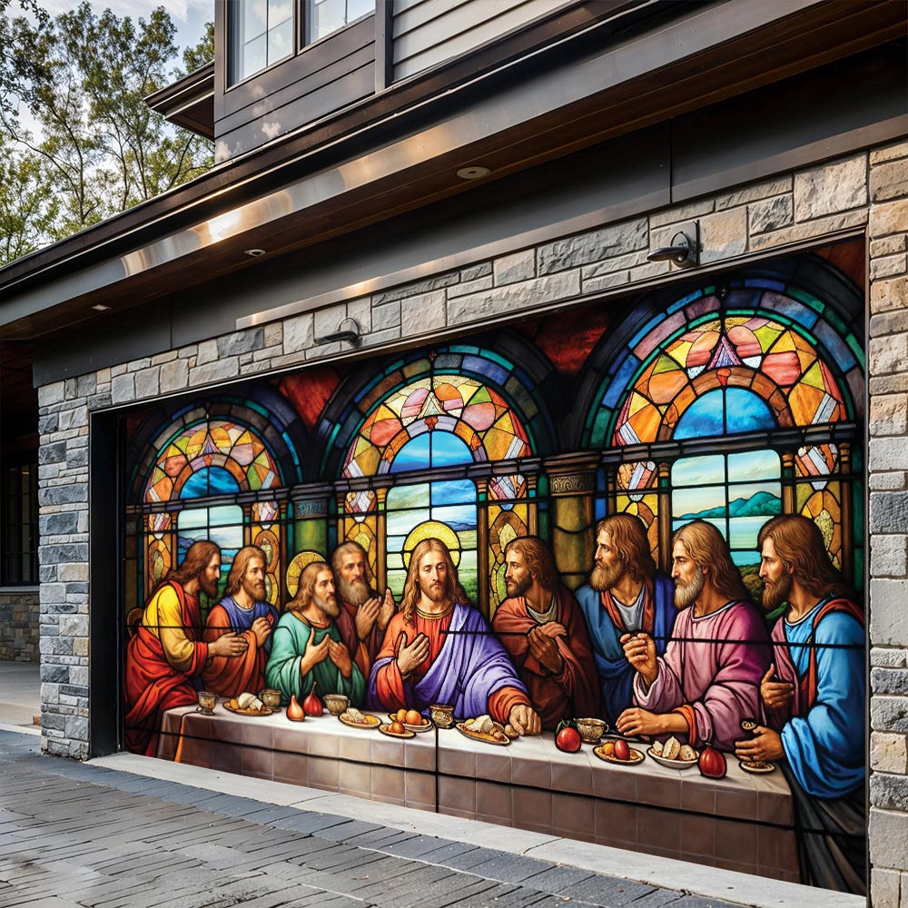 God Garage Door Banner Decoration -  The Last Supper In Stained Glass