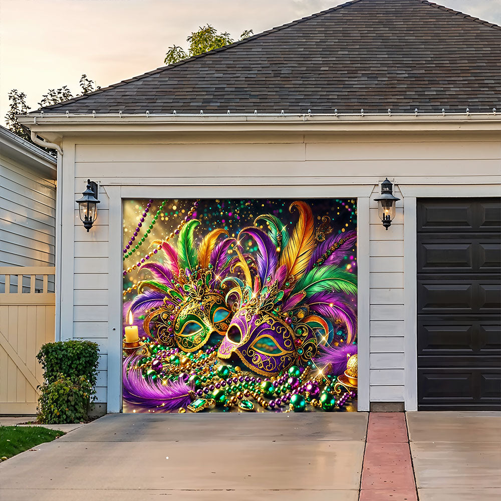 Mardi Gras Garage Door Banner Decoration - Opulent Feather Masque