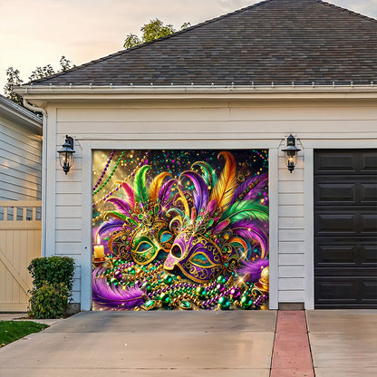 Mardi Gras Garage Door Banner Decoration - Opulent Feather Masque