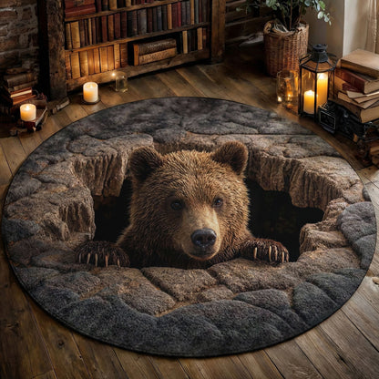 Bear Round Rug 3D Illusion Flat Print Rustic Lodge Bear Den Decor