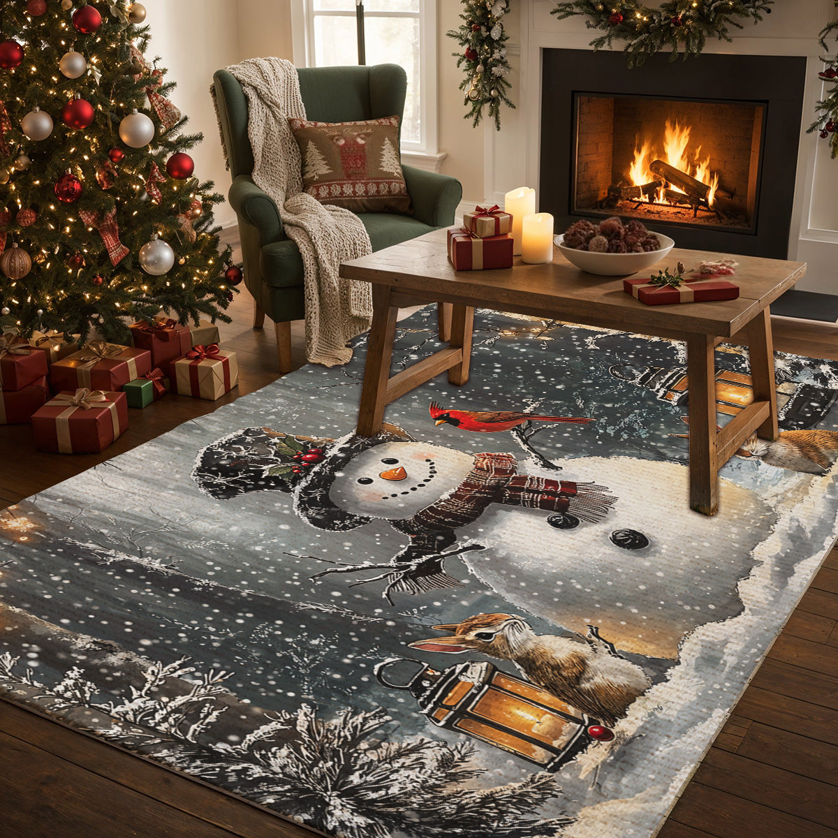 Christmas Area Rug Winter Forest Snowman Gathering with Bunnies and Cardinals