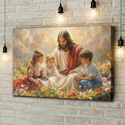 God Wooden-Framed Canvas Wall Art Jesus and the Little Ones In the Wildflower Meadow