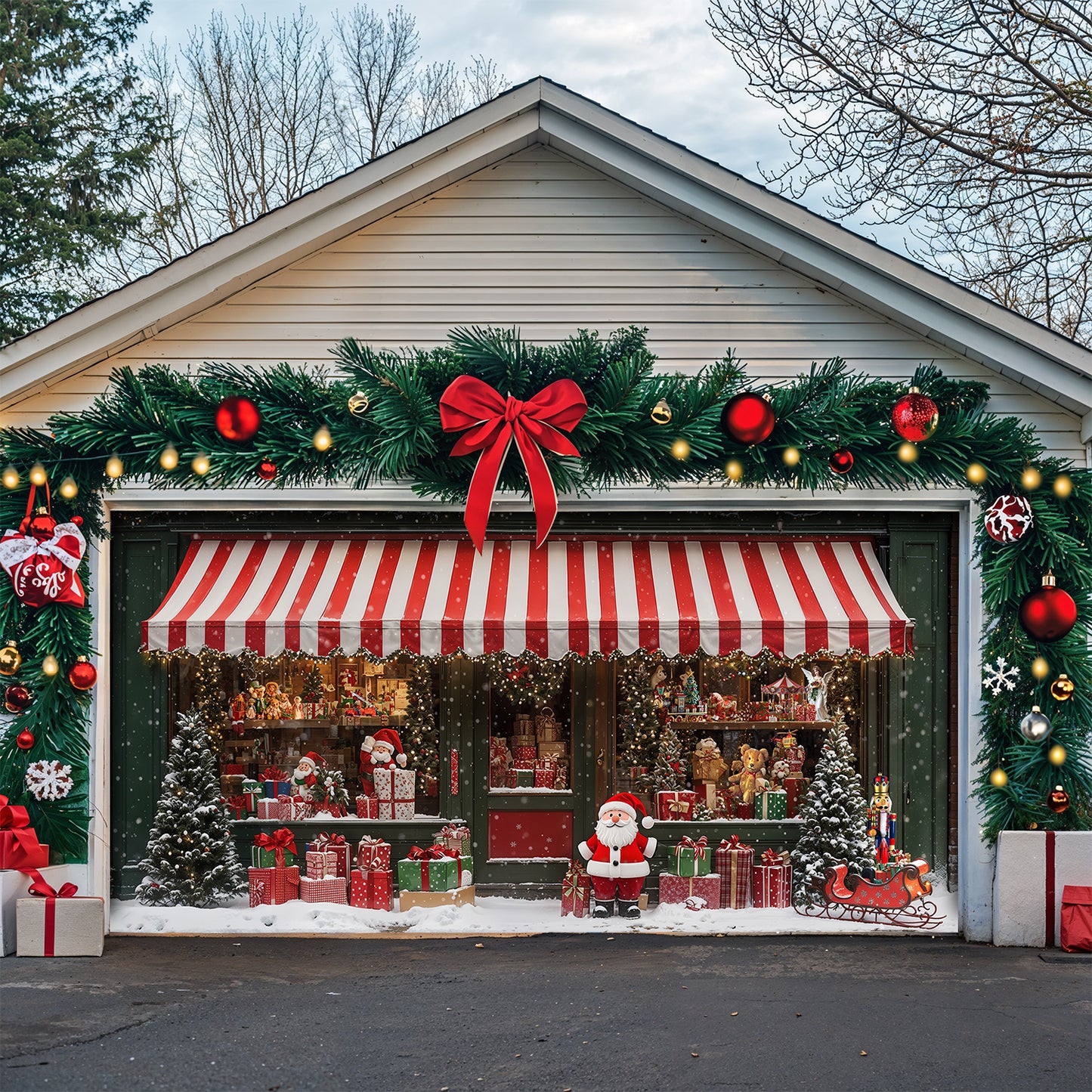 Christmas Garage Door Banner Decoration - Christmas Magic at the Window A Snowy Shopfront with Santa and Presents