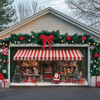 Christmas Garage Door Banner Decoration - Christmas Magic at the Window A Snowy Shopfront with Santa and Presents