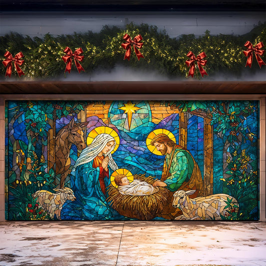 God Garage Door Banner Decoration Stained-Glass Nativity of Light