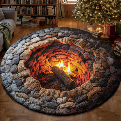 Rustic Fire Pit Round Rug Campfire Hollow 3D Illusion Flat Print