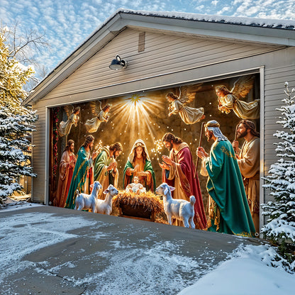 God Garage Door Banner Decoration - Divine Light at the Manger The Nativity Scene