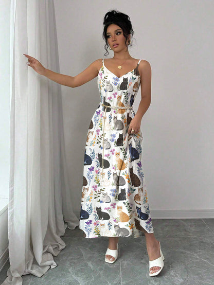 Cat Maxi Dress Charming Floral Cats