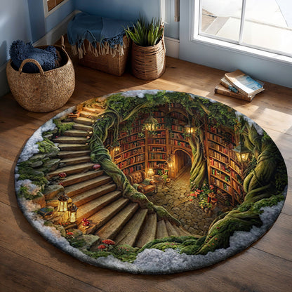 Reading Round Rug Cozy Enchanted Library Hollow 3D Illusion Flat Print